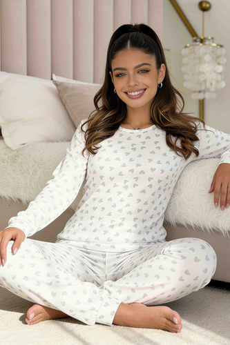 Donna Dani Long rosa Damen-Baumwoll-Pyjama mit Rippenstruktur, Hose kariert