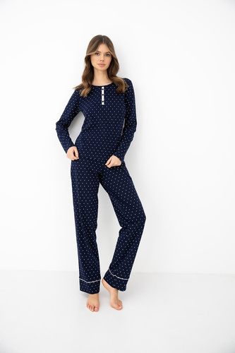 Damenpyjama Sensis Morgan Dunkelblau 100% Baumwolle Langarm mit Punkten