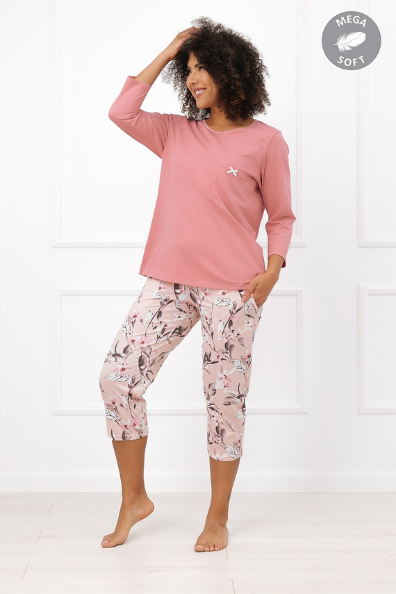 Italian Fashion Kafelia Damen-Pyjama Mega Soft 3/4 Blumen mit Tasche