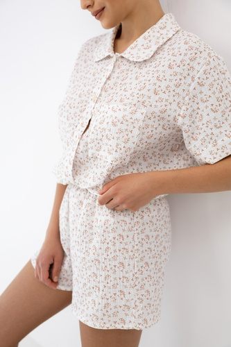 Damen-Pyjama Nayla weiß aus Baumwolle, mit Knöpfen und kurzen Shorts