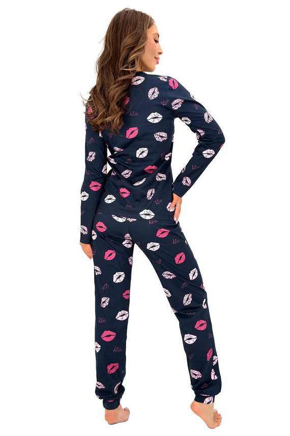 Donna Kiss Long Damen-Pyjama, marineblau, 100% Baumwolle, lange Hose