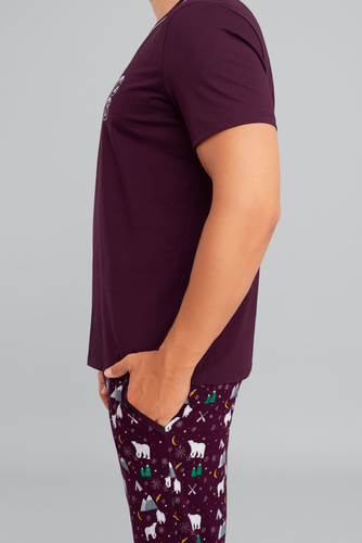 Manfred Herren Schlafanzug mit kurzen Ärmeln, lange Hose Italienische Mode- burgunderrot/print burgunderrot