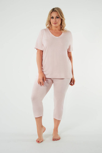 Puntini Damen Schlafanzug mit kurzen Ärmeln, 3/4 Hose Italian Fashion - puderrosa