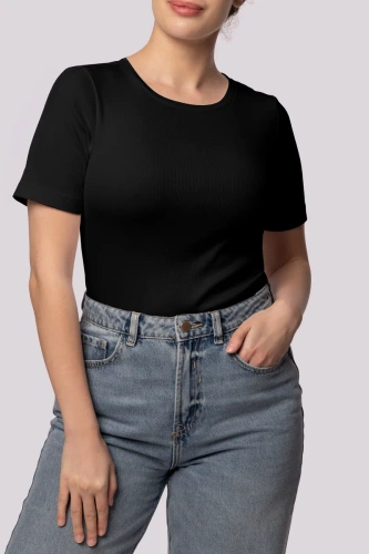 Geripptes gestreiftes Damen-T-Shirt „Mona“, schwarz