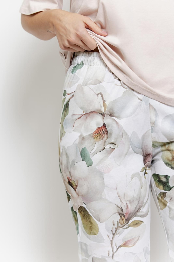 Afrodyta Taro Damenpyjama aus Baumwolle mit Blumenprint, 7/8-Hose, Halbarm