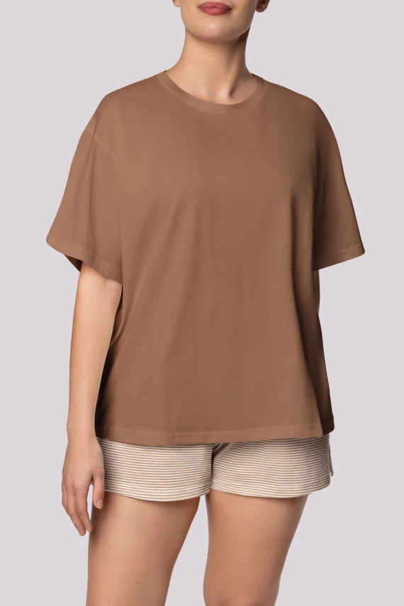 Gestreifter Kurzarm-Damenpyjama Mona Karamell