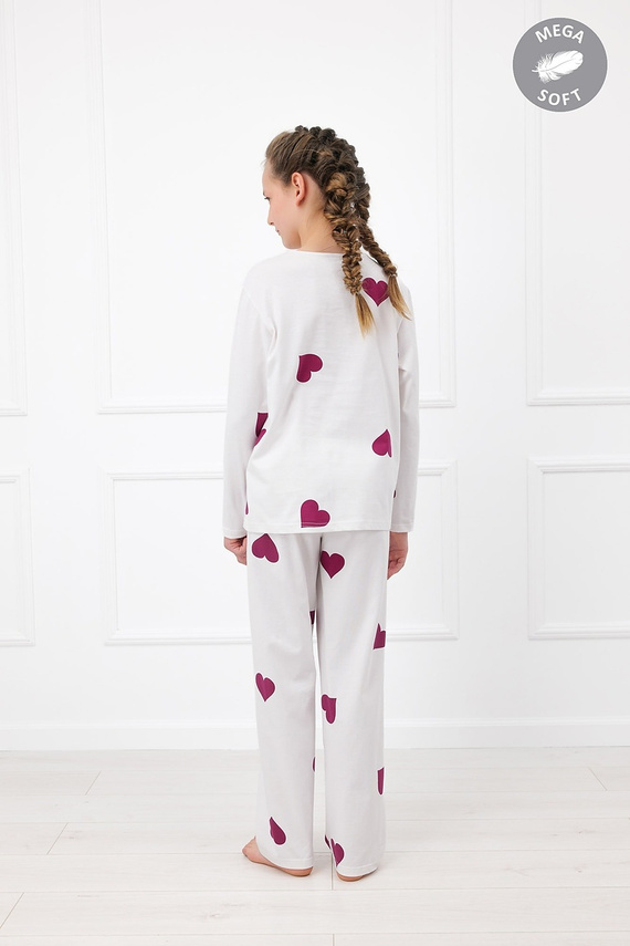 Italian Fashion Kioga Mädchen-Pyjama Mega Soft lang ecru mit Herzen
