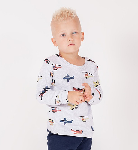 219138 Willy Nicol Babybluse, grau, mit Flugzeugen, Baumwolle, lange Ärmel