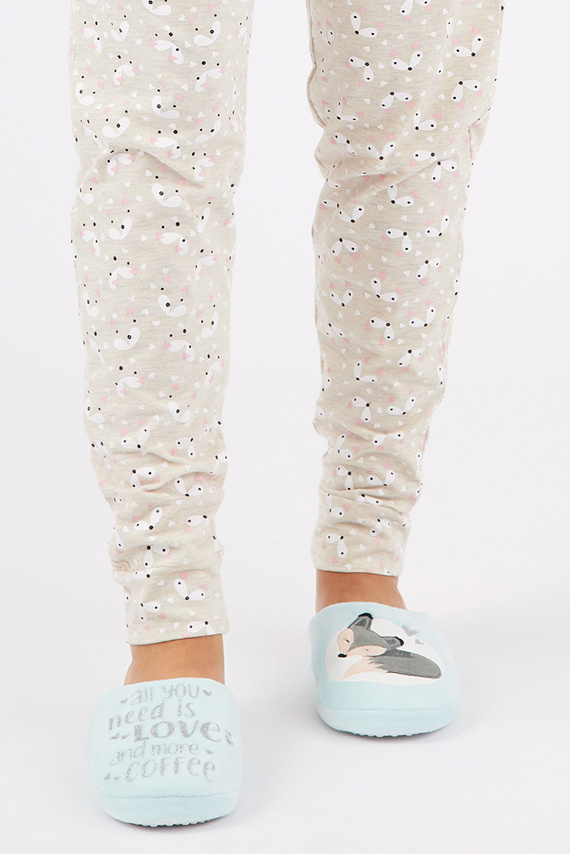 Fixy Sorbetto blau – warme Damenhausschuhe mit rutschfester Sohle und Aufdruck