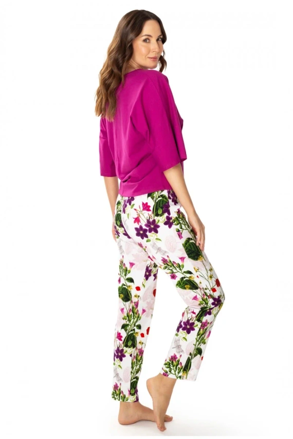 86668 Nataly Damenpyjama Möwe dunkelrosa Blumen
