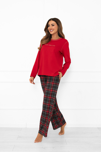 Italian Fashion Damen Schlafanzug in rot - Baumwolle, langarm und Hose, kariert 