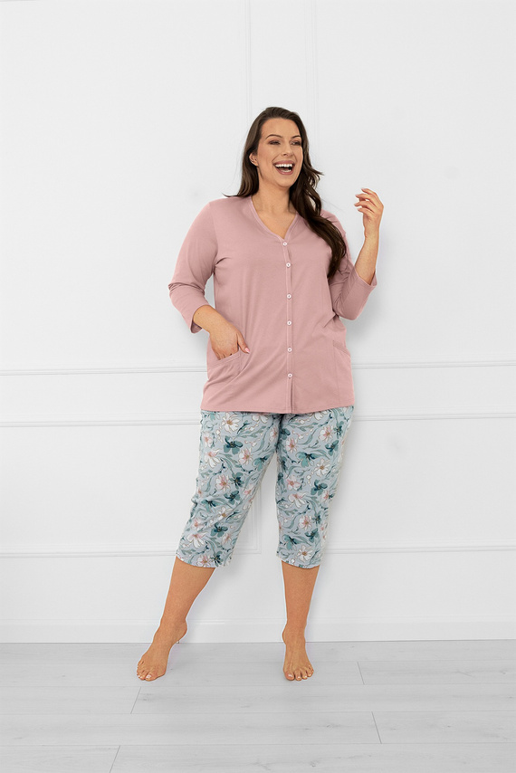 Damen Schlafanzug Sekwoja - Baumwolle, 3/4 Ärmel und Hose, mit Knöpfen Italian Fashion  