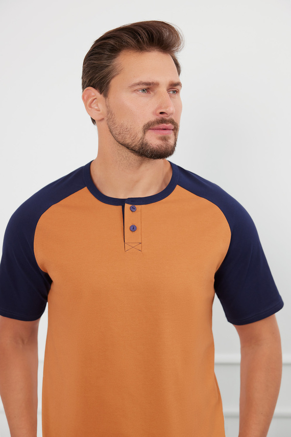 Alexander Herren Kurzarm-Pyjama, lange Hose Italian Fashion - cognac/grenade