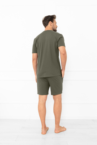 Krystian Italian Fashion Herren Schlafanzug in Oliv - Baumwolle, T-Shirt und kurze Hose