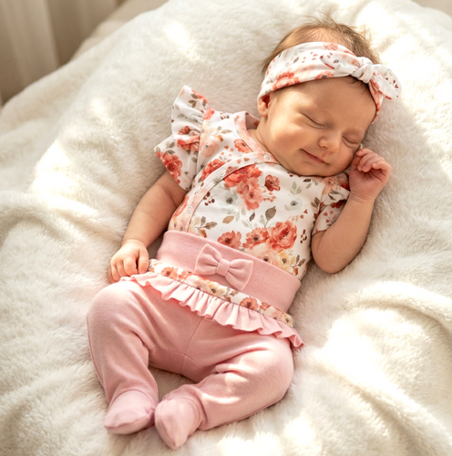 ABK-0055 NINI Roses Baby-Set aus Bio-Baumwolle Body, Halbhose, Stirnband