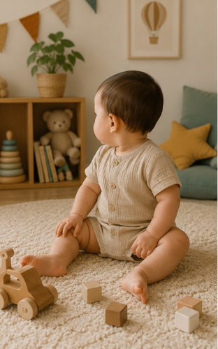 RA55215 Mamatti Musselin-Overall beige mit Holzknöpfen für den Sommer