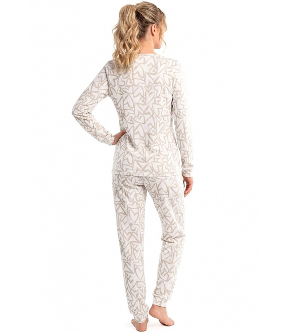 Donna Adore Long Ecru Damen-Baumwoll-Pyjama mit Herzen, langärmlig