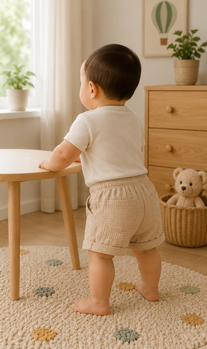 SZ55315 Mamatti beige Musselin-Shorts mit Taschen und Knöpfen für den Sommer
