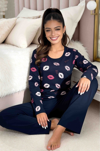 Donna Kiss Long Damen-Pyjama, marineblau, 100% Baumwolle, lange Hose