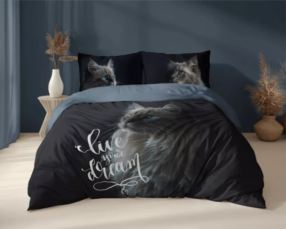 5296 A Holland Cotton Bettwäsche Katze Lebe deinen Traum Detexpol schwarz