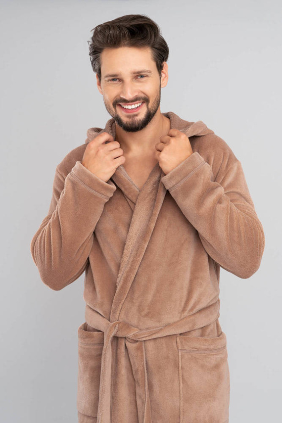 Mimas Herren Bademantel mit Kapuze Italian Fashion- camel 