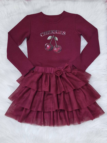 Burgunderrote Mädchenbluse Cherries Bambarillo – Baumwolle, lange Ärmel, mit Aufdruck