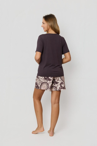 Damen-Pyjama Iris PI82 Mefemi by Nipplex – braunes Viskose-Shirt & kurze Baumwollshorts mit orientalischem Print, Sommer-Pyjama Premium