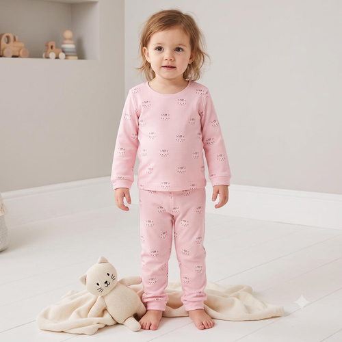 Mädchen-Pyjama Nicol Tosia 225036 aus Baumwolle, lang, rosa mit Katzenprint