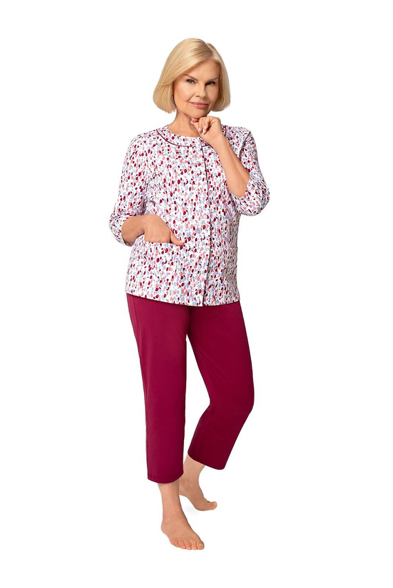 201 Maria II Damen-Pyjama Martel bordeaux 42 – Baumwolle, Blumenoberteil, 3/4-Arm, 3/4-Hose, Schlafkomfort