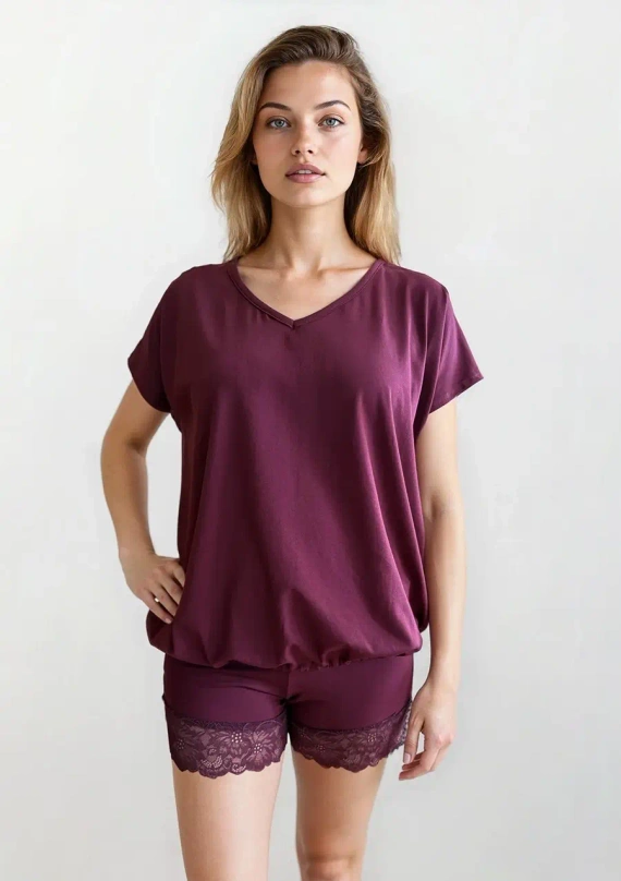 Komplet Dkaren Tamara 3 Baumwolle Bordeaux mit Spitze Shorts - Bordeaux