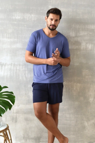 Dallas Herren Kurzarm-Pyjamas, Shorts Italian Fashion- blau
