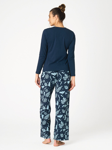 Damenpyjama Key LNS 534 lang aus Baumwolle in Marineblau mit Taschen