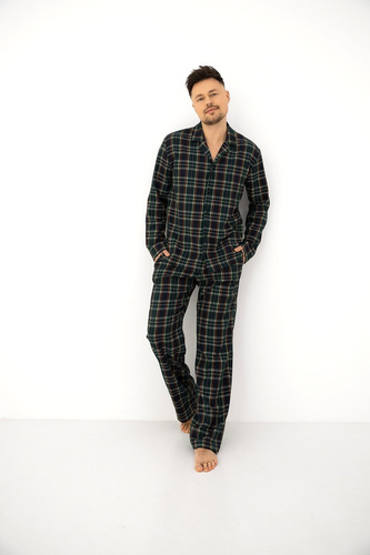 Sensis George Herrenpyjama 100% Baumwolle Flanell grün kariert