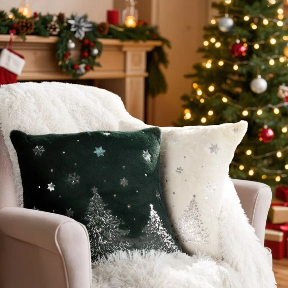 Eurofirany Chp 293 Weihnachtskissenhülle 45x45, flauschig mit Folienprint, 280 g/m², dunkelgrün