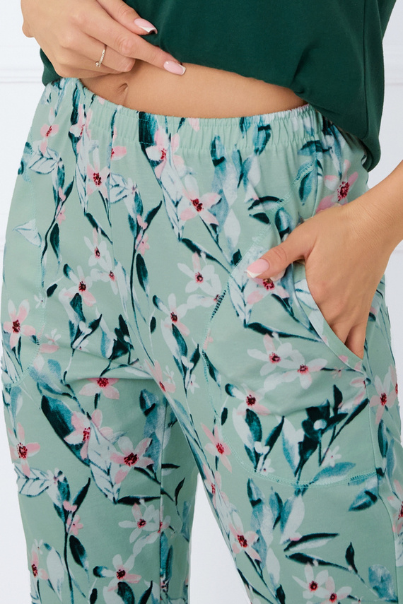 Florisa Damen Schlafanzug mit kurzen Ärmeln, 3/4 Hose Italian Fashion - dunkelgrün/print