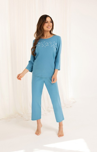 724 Regina Damen-Baumwollpyjama, blau – T-Shirt mit 3/4-Ärmeln + 7/8-Hose