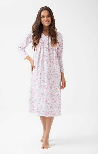 338 Luna rosa Nachthemd – Baumwolle mit Pflanzenmuster, lang mit Knöpfen