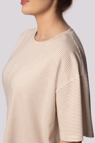 Kurzärmliger Damenpyjama „Mona“ ​​in Ecru mit Streifen