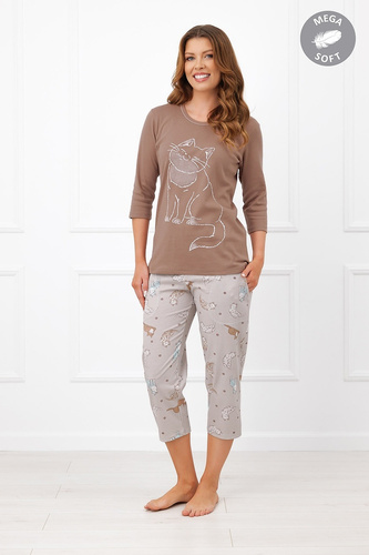 Italian Fashion Filomena Damenpyjama Mega Soft 3/4 mit Katzenmotiv und Taschen