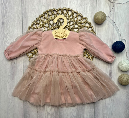 Mädchenkleid Mamatti SZ352 aus Baumwolle mit Tüll, langärmlig – rosa
