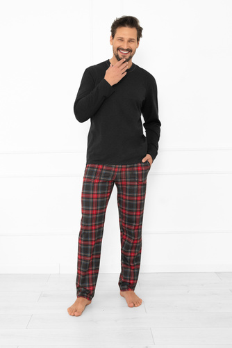 Rusoli Herren Schlafanzug Italian Fashion dunkel melange - Karo Baumwolle, lang, bequem