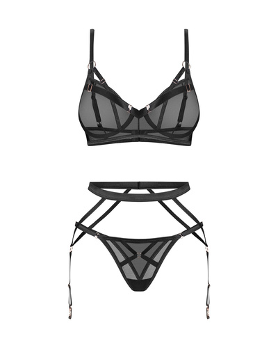 Euridia 3-teiliges Obsessive-Set in Schwarz – BH, Tanga und Strumpfgürtel