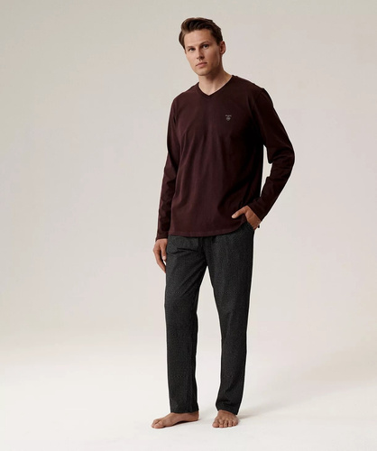 Herrenpyjama NMP-389 Atlantic – weinrote Baumwolle, lange Ärmel, stilvolles Set für kalte Nächte