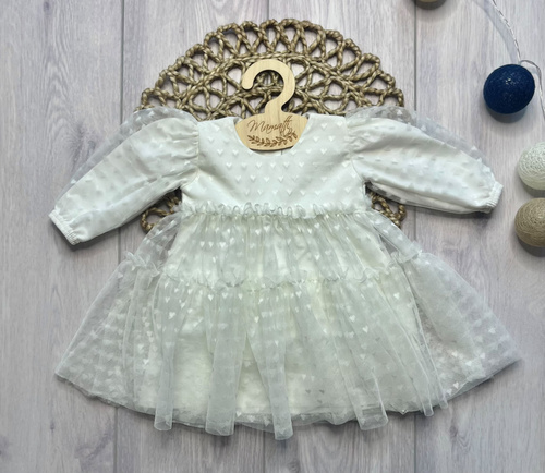 Mädchenkleid Mamatti SZ354 aus Baumwolle mit Tüll, langärmlig – ecru