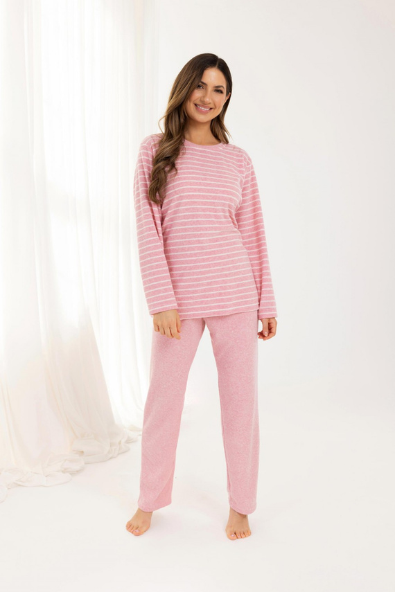 713 Damen-Pyjama Regina, rosa – warmer Frottee, gestreift, lange Ärmel