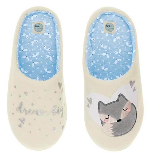 Fixy Sorbetto ecru – warme Damenhausschuhe mit rutschfester Sohle und Aufdruck