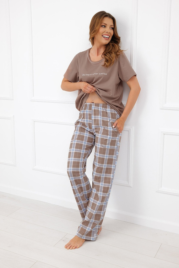 Damen-Pyjama Italian Fashion Delma 100% Baumwolle Kariert Lange Hose - Cappuccino