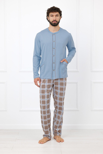 Italian Fashion Wilhelm Herren-Pyjama 100% Baumwolle Knöpfe Kariert - Cappuccino
