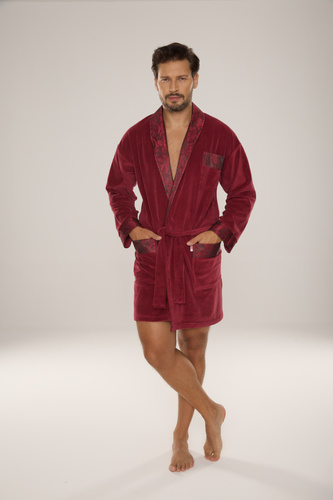 866 Noble Men's De Lafense Velours Bademantel - kurz, elegant, Baumwolle - burgunderrot
