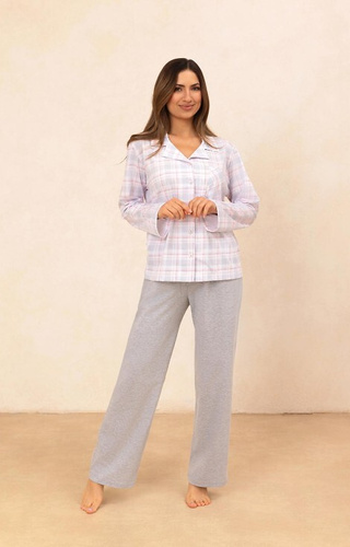 727 Damen-Pyjama Regina grau – 100 % Baumwolle, kariert, Hemd mit Knöpfen